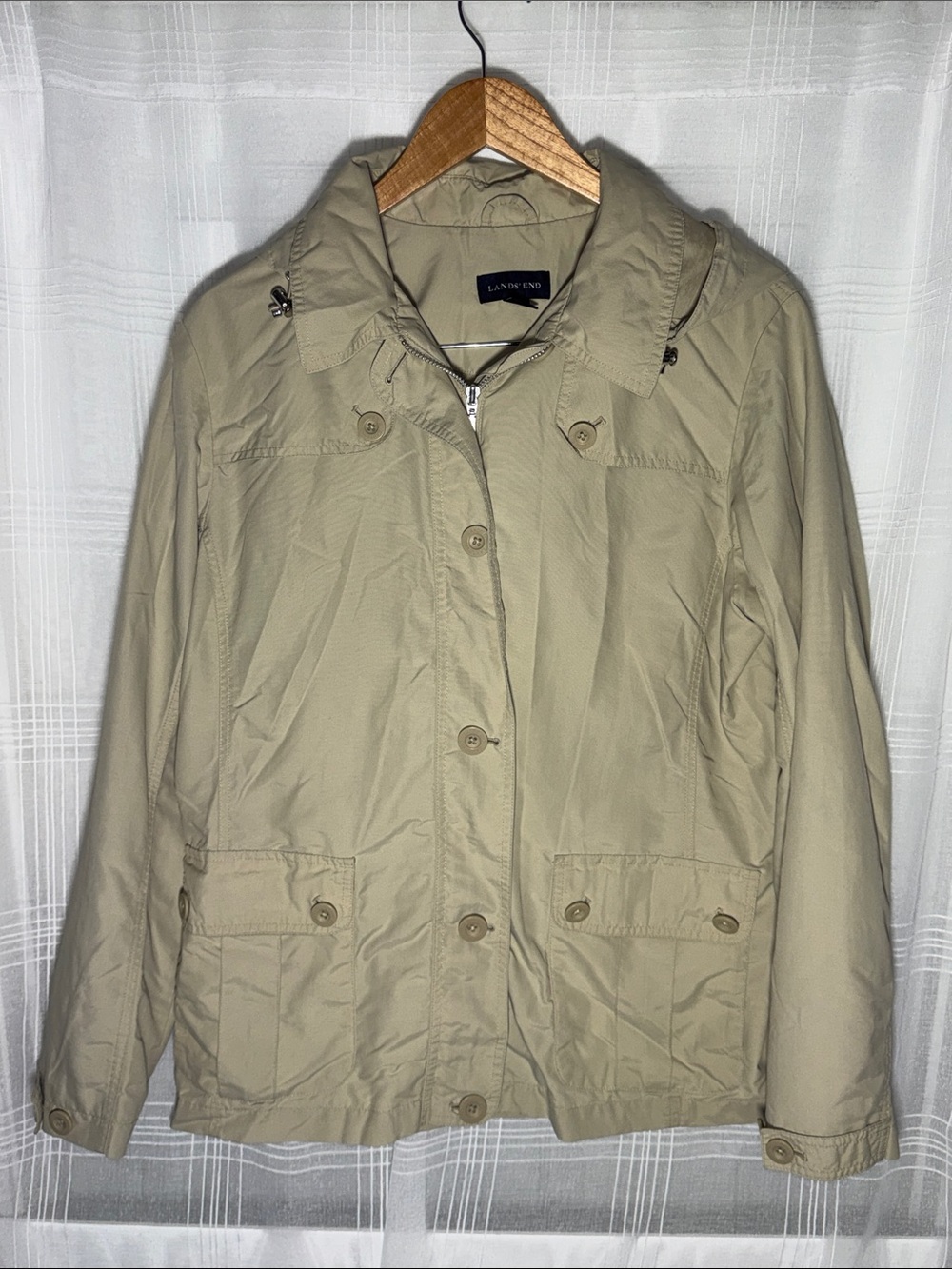Lands’ End Women’s Khaki Hooded Utility Jacket Lightweight Zip Snap Coat Size M